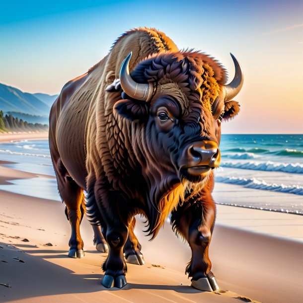 Photo of a bison in a belt on the beach