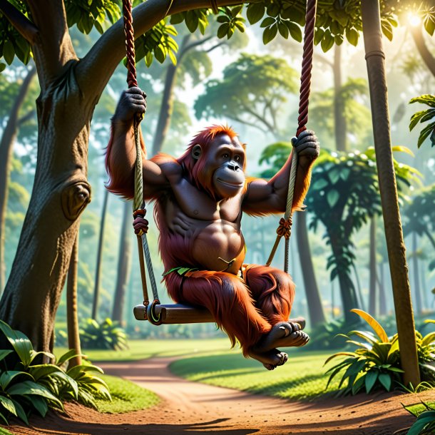 Photo of a swinging on a swing of a orangutan in the park