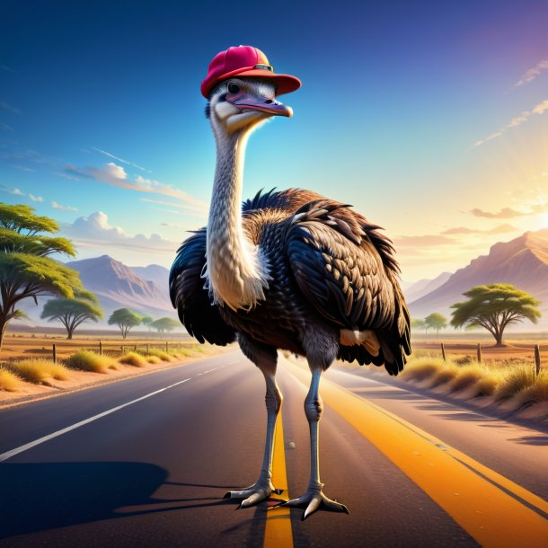 Illustration of a ostrich in a cap on the road