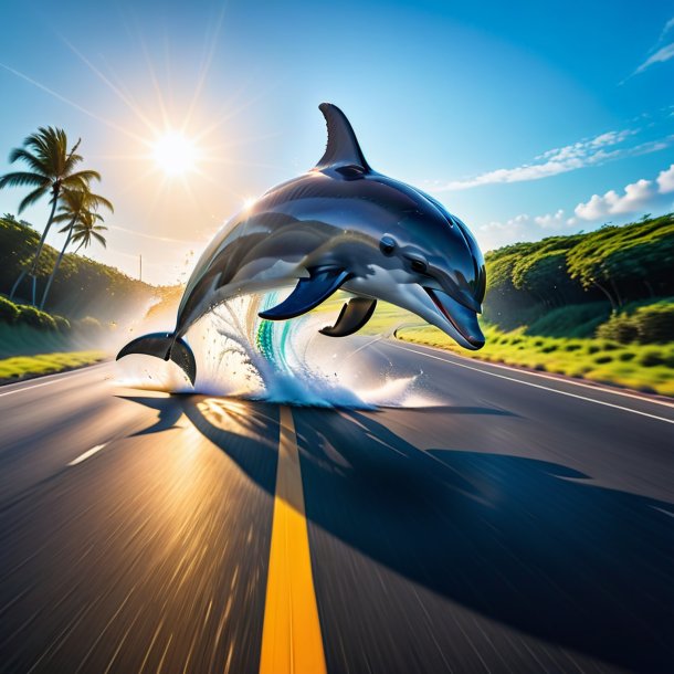 Image of a jumping of a dolphin on the road