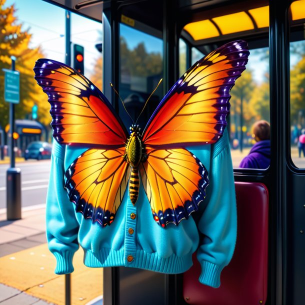 Foto de una mariposa en un suéter en la parada de autobús