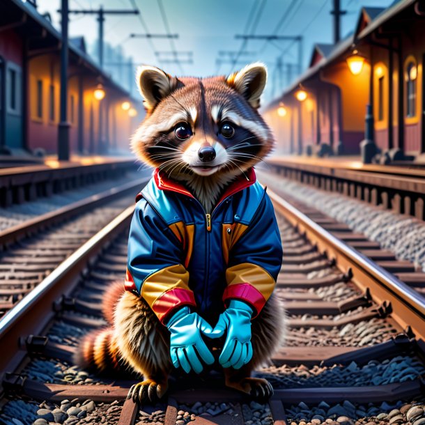 Photo of a raccoon in a gloves on the railway tracks