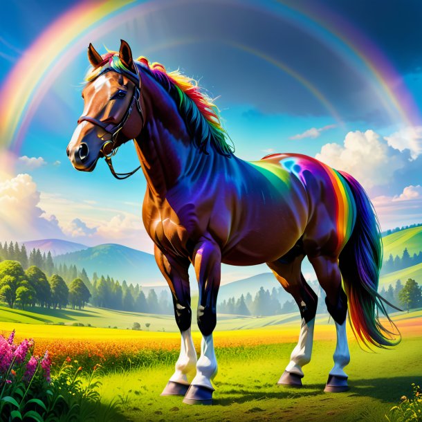 Illustration of a horse in a trousers on the rainbow