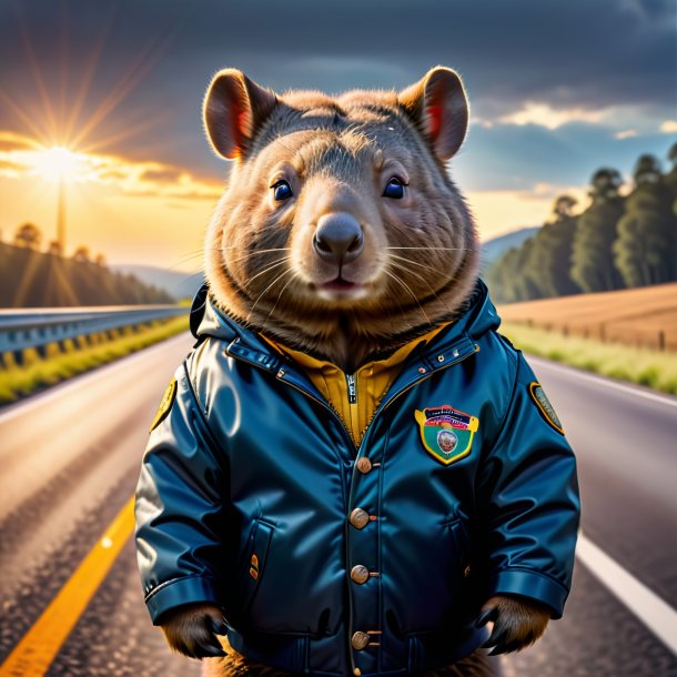 Picture of a wombat in a jacket on the highway