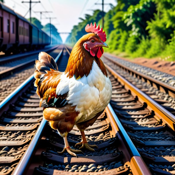 Photo of a hen in a belt on the railway tracks