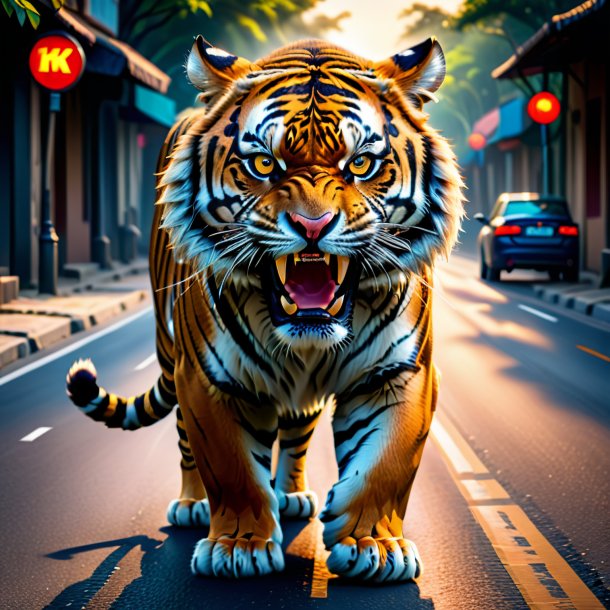 Picture of a angry of a tiger on the road