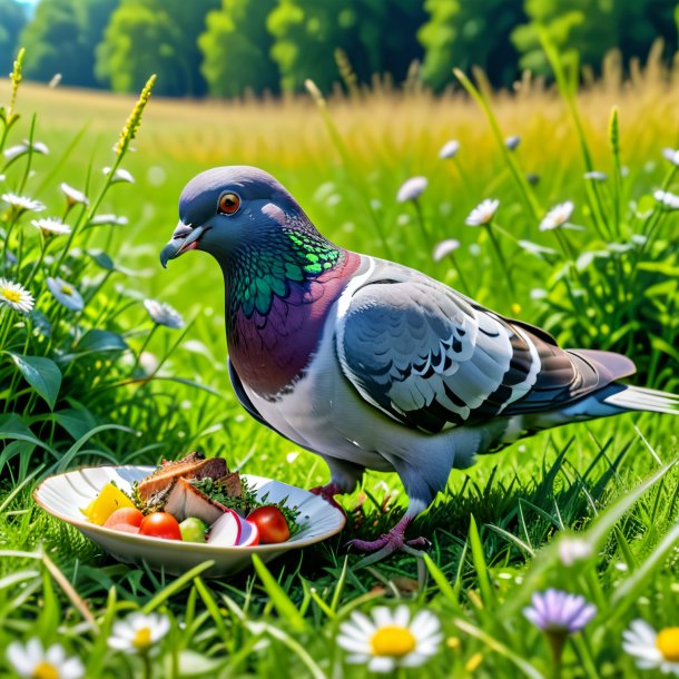 Picture of a eating of a pigeon in the meadow