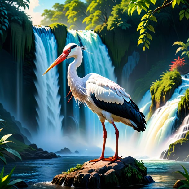 Photo of a drinking of a stork in the waterfall