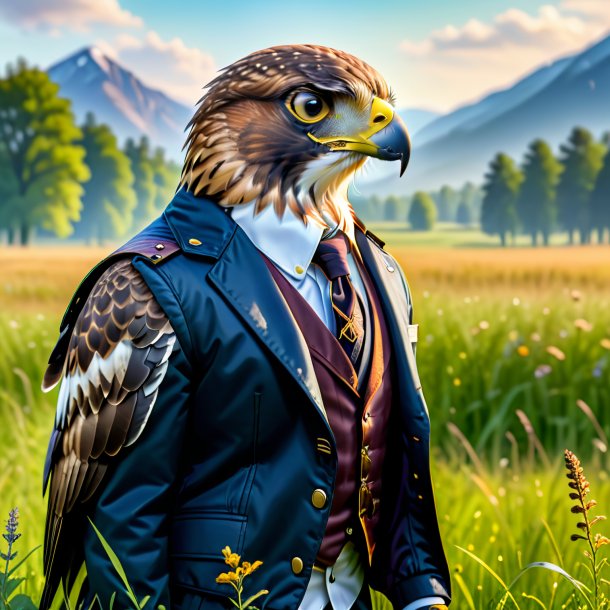 Picture of a hawk in a jacket in the meadow