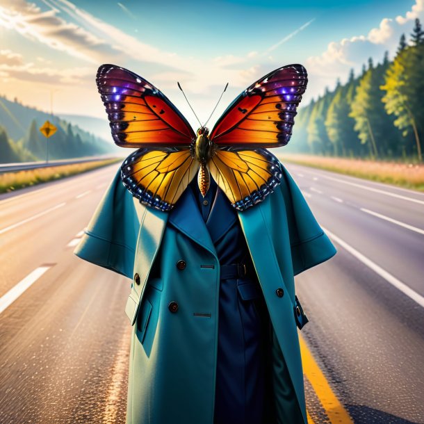 Image of a butterfly in a coat on the highway