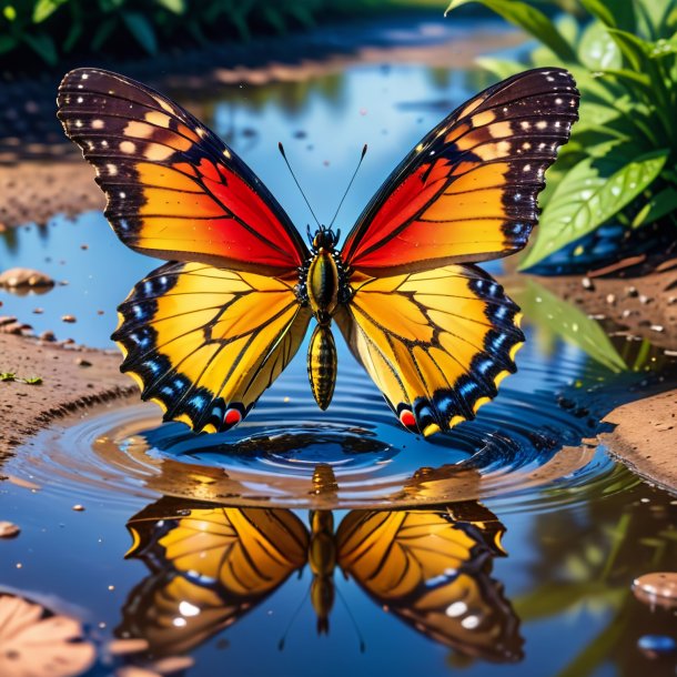 Foto de un salto de una mariposa en el charco