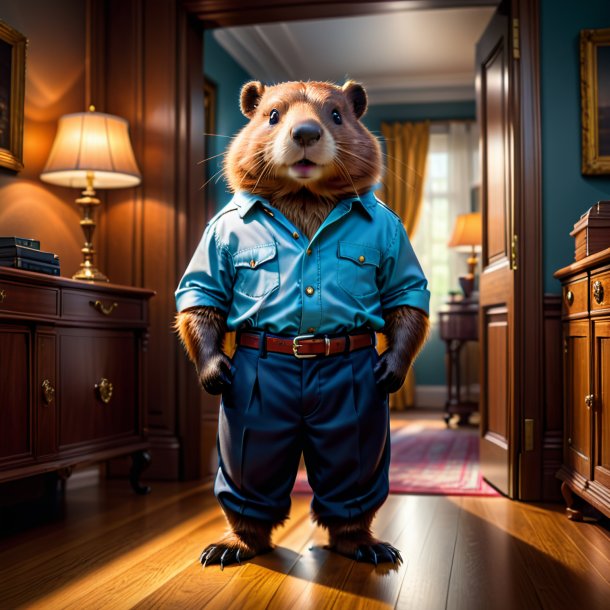 Photo of a beaver in a trousers in the house