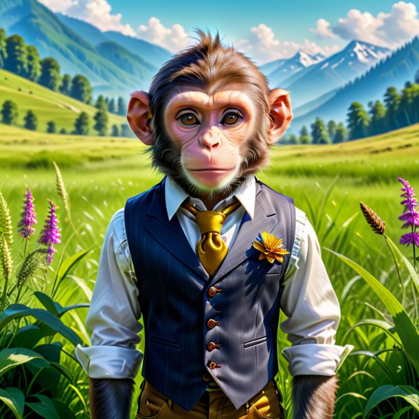 Photo of a monkey in a vest in the meadow