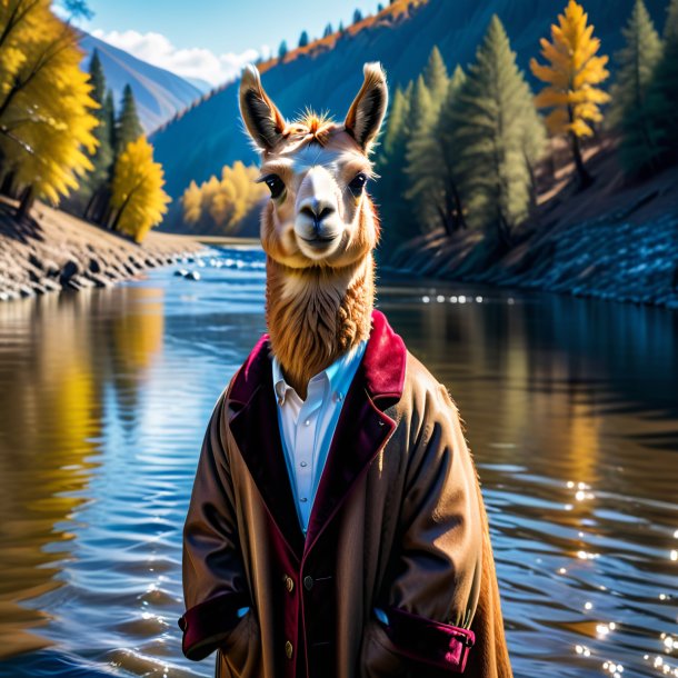 Picture of a llama in a coat in the river