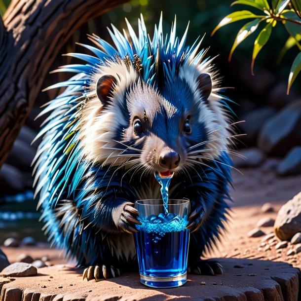 Foto de um porco-espinho bebendo azul