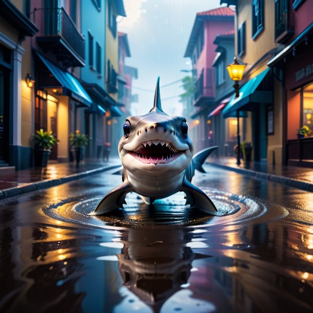 Photo of a smiling of a hammerhead shark in the puddle