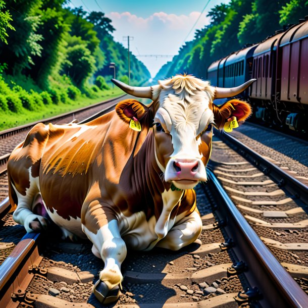 Image of a resting of a cow on the railway tracks