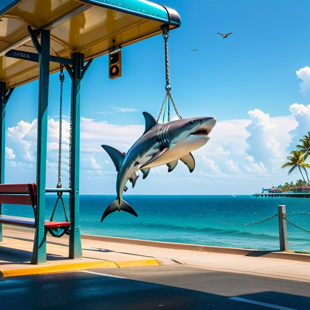 Image of a swinging on a swing of a hammerhead shark on the bus stop