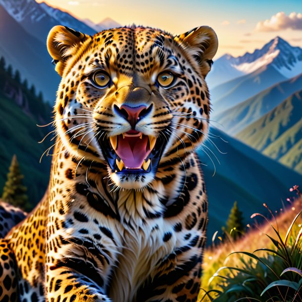 Picture of a smiling of a leopard in the mountains