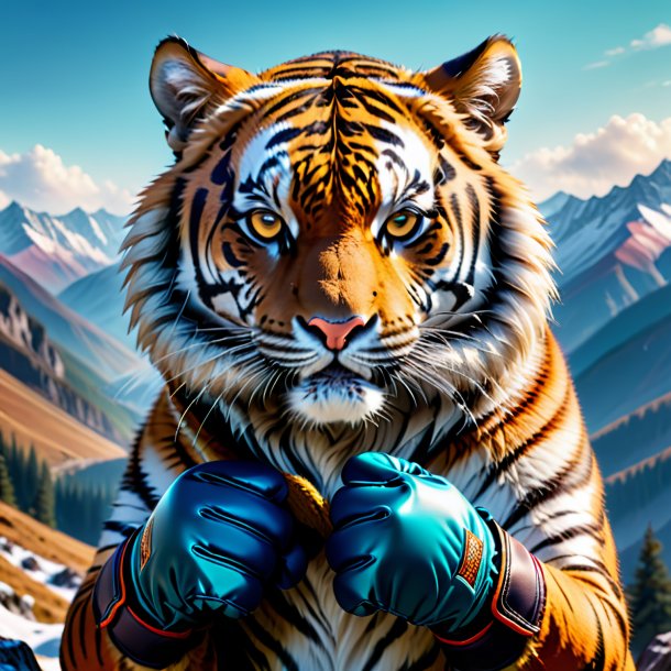 Picture of a tiger in a gloves in the mountains