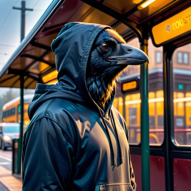 Foto de un cuervo en una sudadera con capucha en la parada de autobús