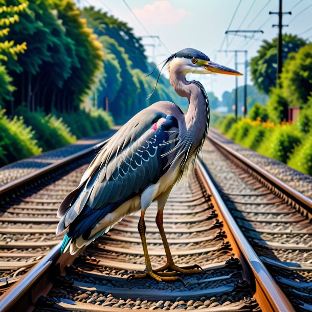 Foto de una garza en un vestido en las vías del tren