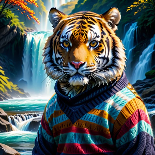 Picture of a tiger in a sweater in the waterfall