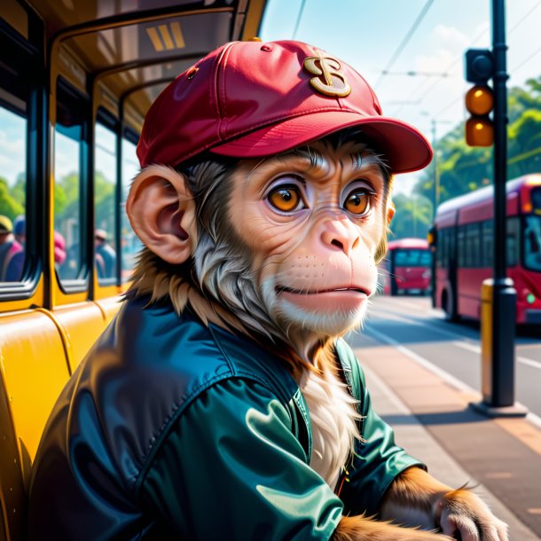 Foto de un mono en una gorra en la parada de autobús