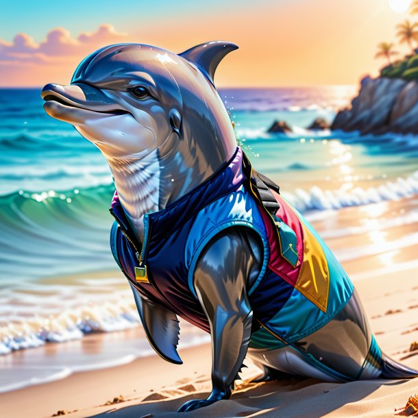 Drawing of a dolphin in a vest on the beach