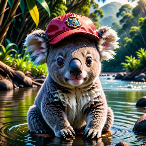 Image of a koala in a cap in the river