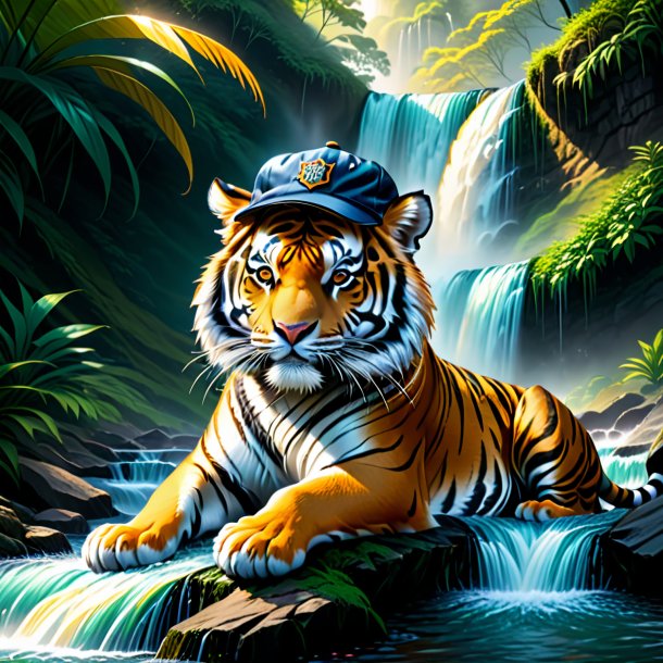 Drawing of a tiger in a cap in the waterfall