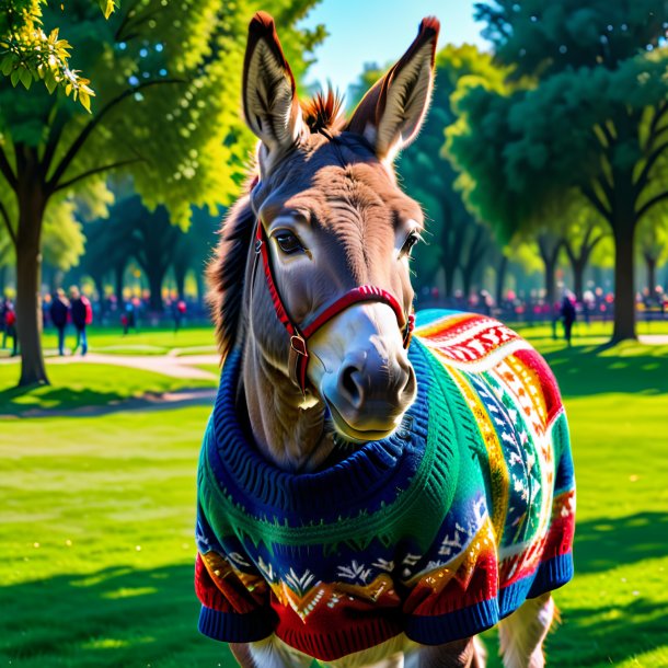 Foto de un burro en un suéter en el parque