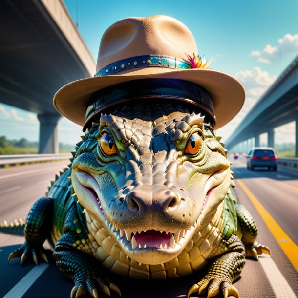 Pic of a crocodile in a hat on the highway