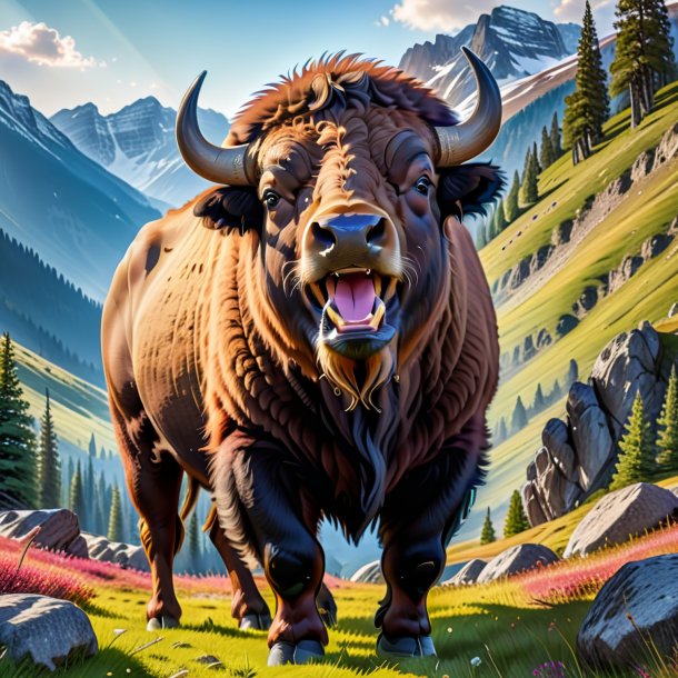 Pic of a smiling of a bison in the mountains