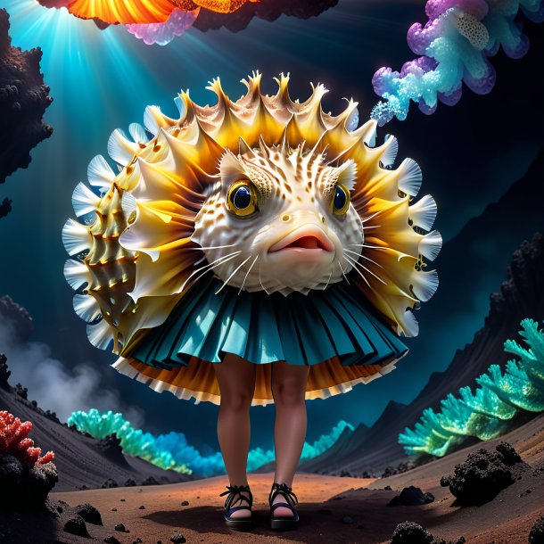 Drawing of a pufferfish in a skirt in the volcano