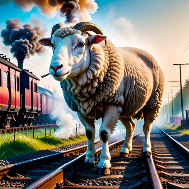 Pic of a smoking of a sheep on the railway tracks