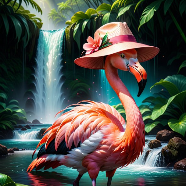 Illustration of a flamingo in a hat in the waterfall