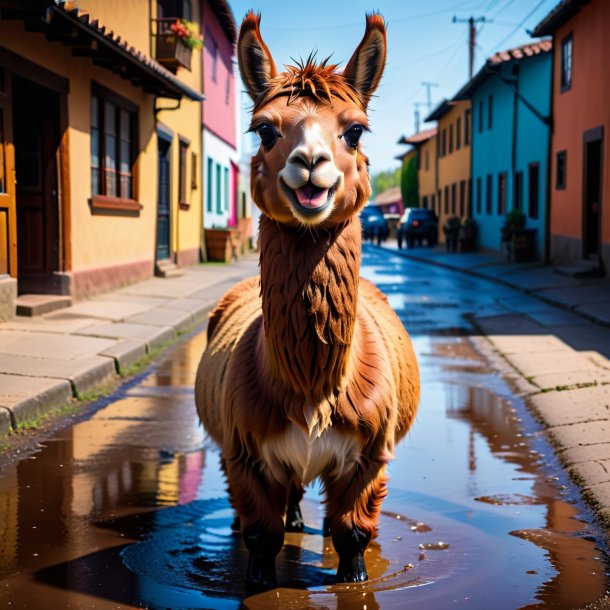 Photo of a smiling of a llama in the puddle