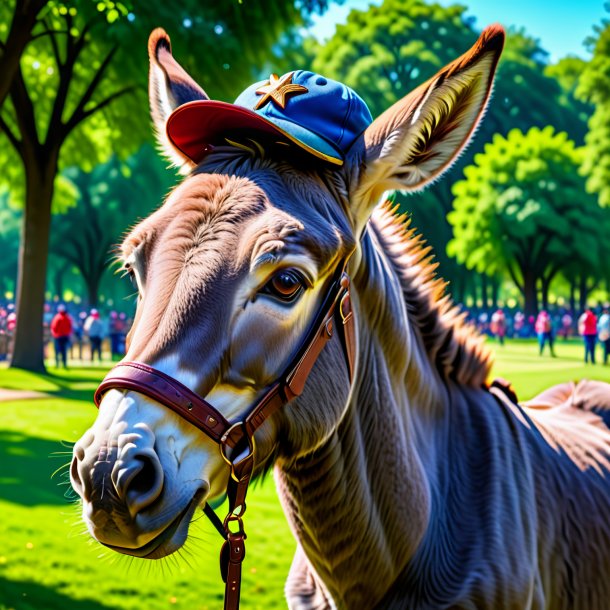 Foto de um burro em um boné no parque