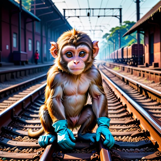 Pic d'un singe dans un gants sur les voies ferrées