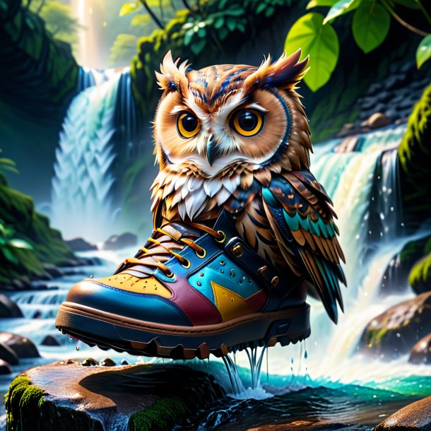 Photo of a owl in a shoes in the waterfall