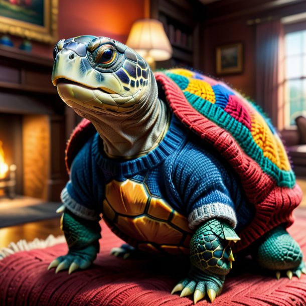 Image d'une tortue dans un pull dans la maison