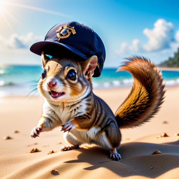 Photo of a flying squirrel in a cap on the beach