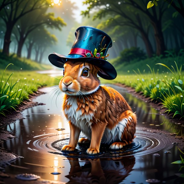 Illustration of a hare in a hat in the puddle