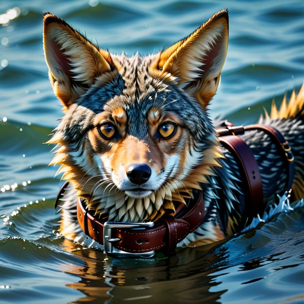 Photo of a jackal in a belt in the water