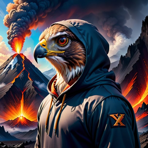 Drawing of a hawk in a hoodie in the volcano