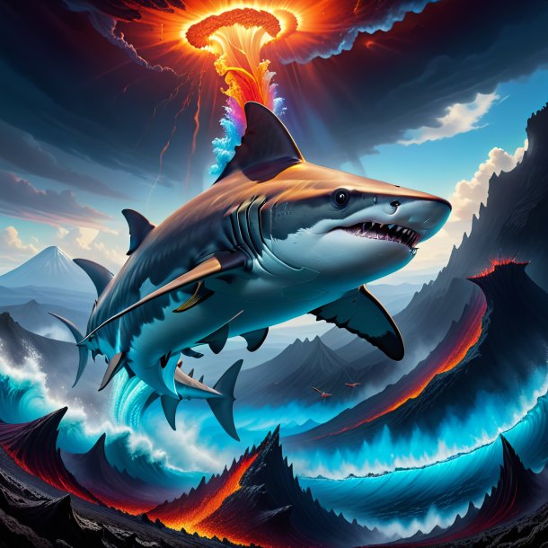 Drawing of a hammerhead shark in a cap in the volcano