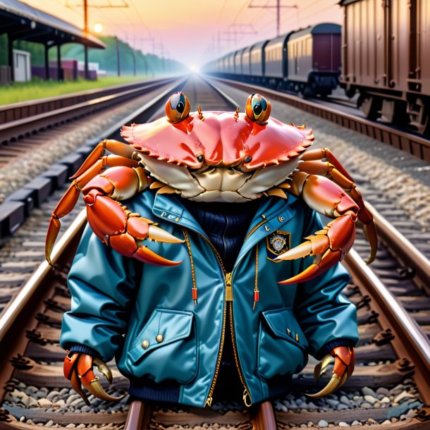 Picture of a crab in a jacket on the railway tracks