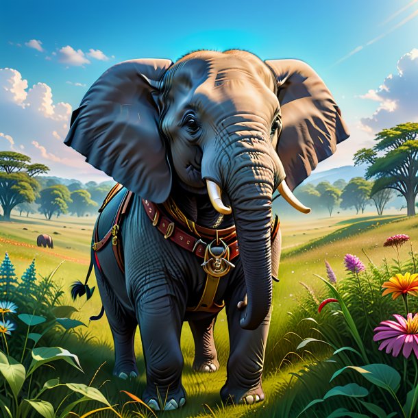 Illustration of a elephant in a belt in the meadow