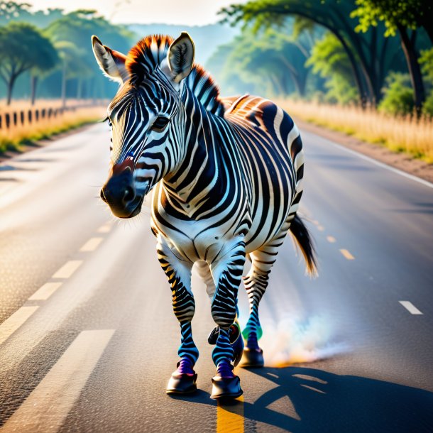 Photo of a zebra in a shoes on the road